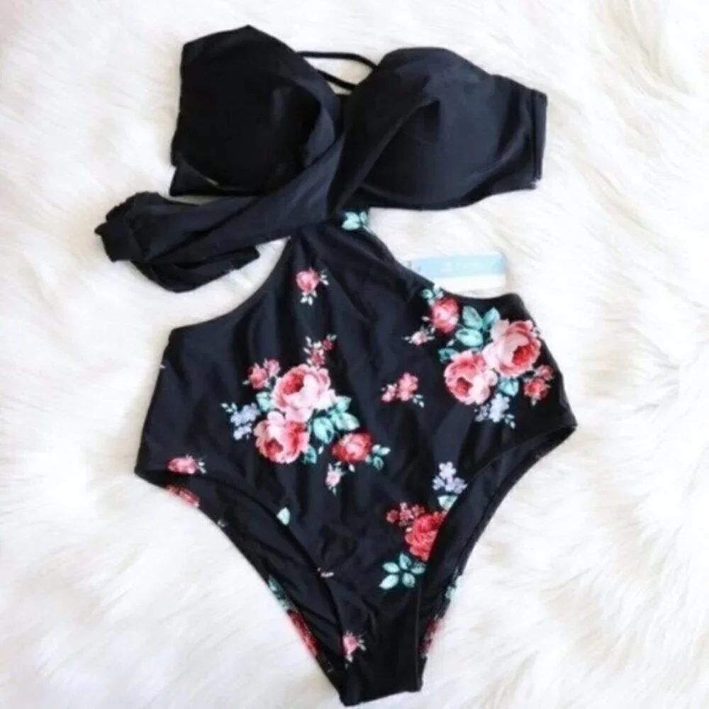 NWT Black Floral Printed One Piece Size Medium Wrap Cutout Bathing Suit - Picture 3 of 10